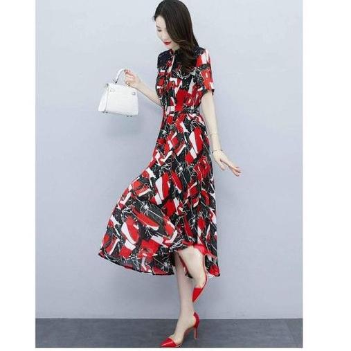 HÀNG NHẬP - ĐẦM MAXI VOAN HỌA TIẾT ĐỎ CỔ TRỤ BÈO