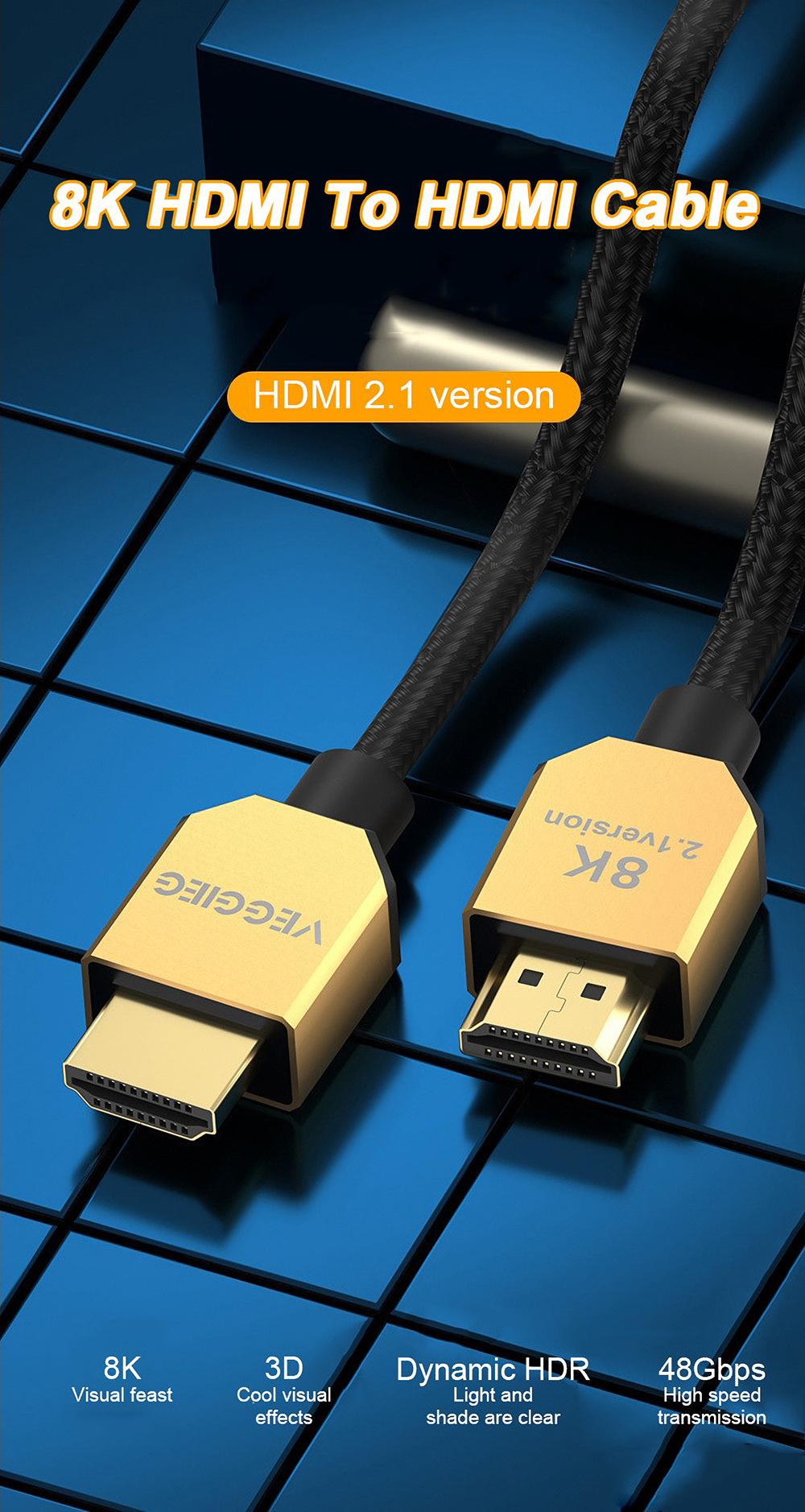 Cáp VEGGIEG 2.1 HDMI 8K 1,5, 2m, 3m, 5m Ultra HD 48Gbps 60hz 120hz PS4 PS5 Xbox mạ vàng hàng chính hãng