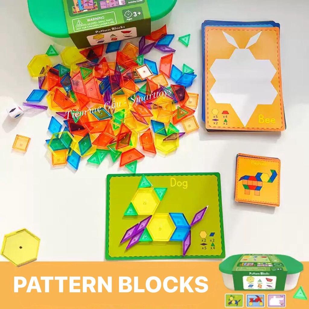 GIÁO CỤ MONTESSORI THẦN THÁNH LÀ ĐÂY PATTERN BLOCKS 140 PCS BỘ 6 HÌNH KHỐI 6 MÀU CƠ BẢN KÈM THẺ HƯỚNG DẪN VÀ HỘP ĐỰNG