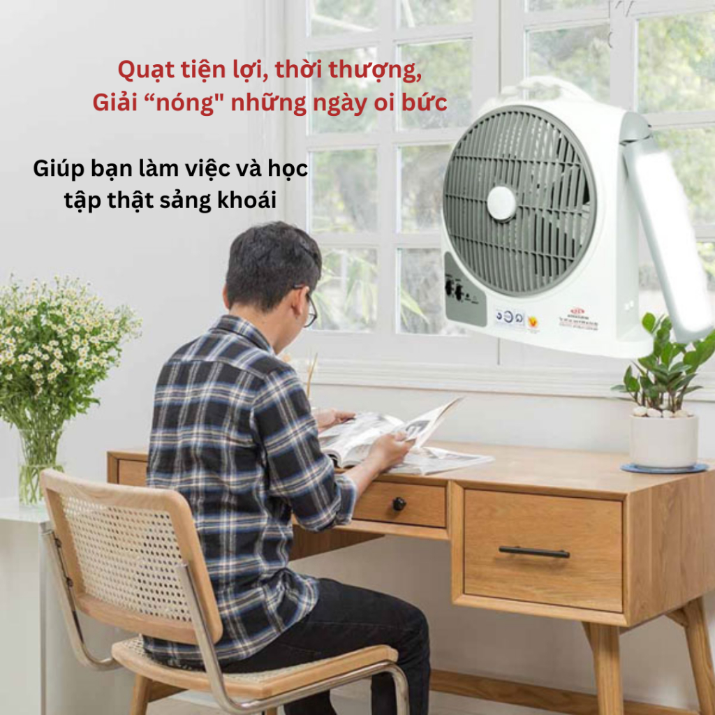 Quạt Sạc Tích Điện Dạng Hộp AC&amp;DC 10 inch Honjianda FL213 loại 2 bình có đèn LED - Hàng Chính Hãng