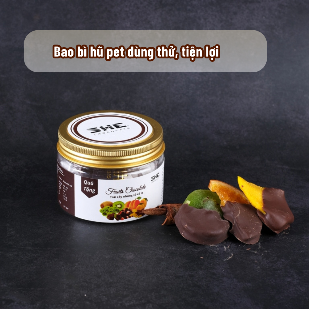 Trái cây nhúng socola thập cẩm 3 vị (Cam, Xoài, Kiwi) - Hũ pet 50g - SHE Chocolate