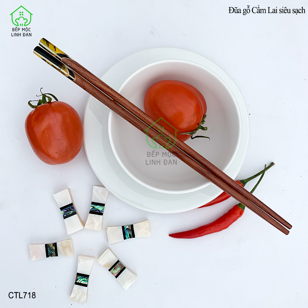 (5 Đôi) Đũa Gỗ Cẩm Lai Tự Nhiên - Đầu Cẩn Thạch Chéo Vân Vàng [CTL718-5]