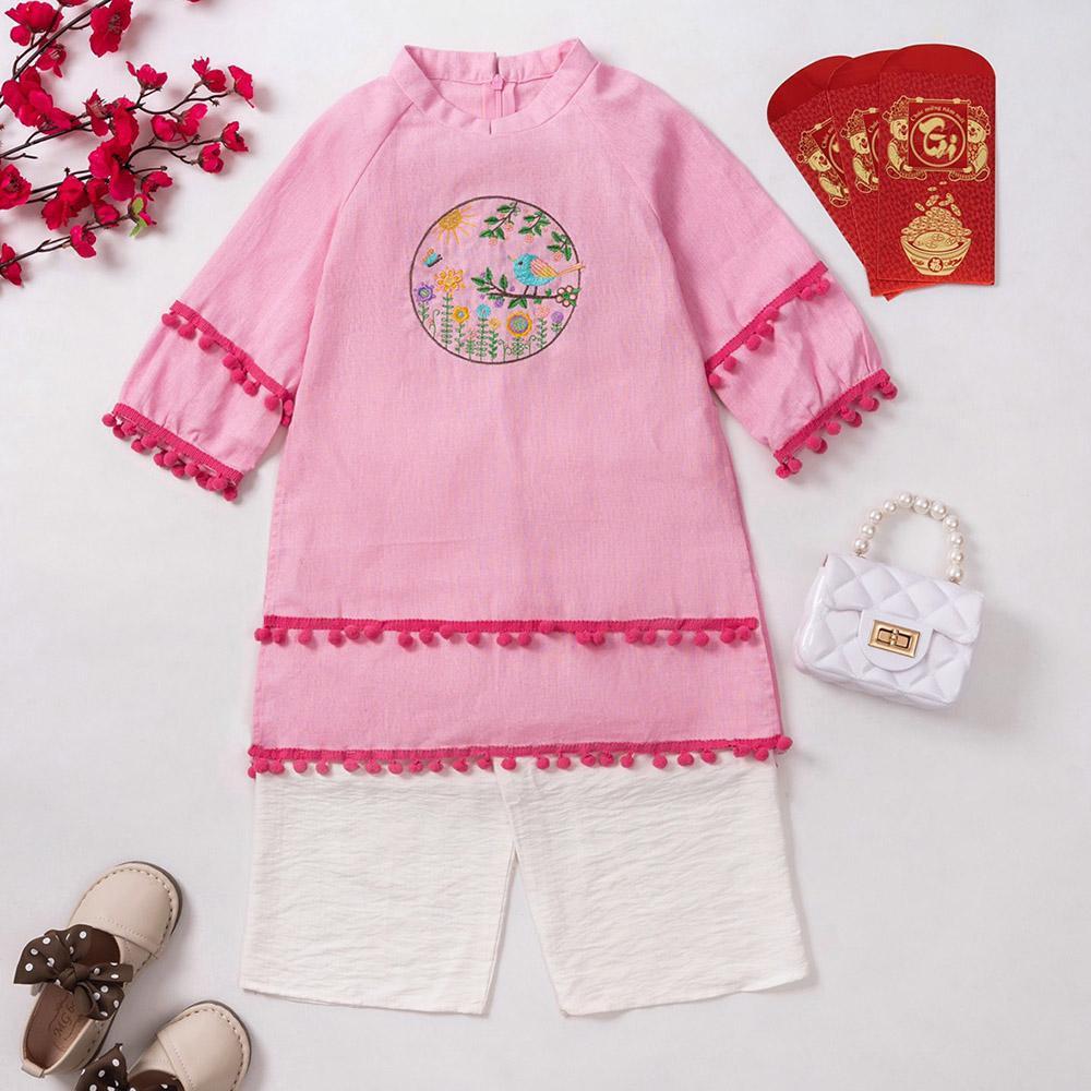 Áo dài bé gái linen phối ren pon pon thêu hình chim và hoa cỏ kèm quần lụa cực xinh MamLa