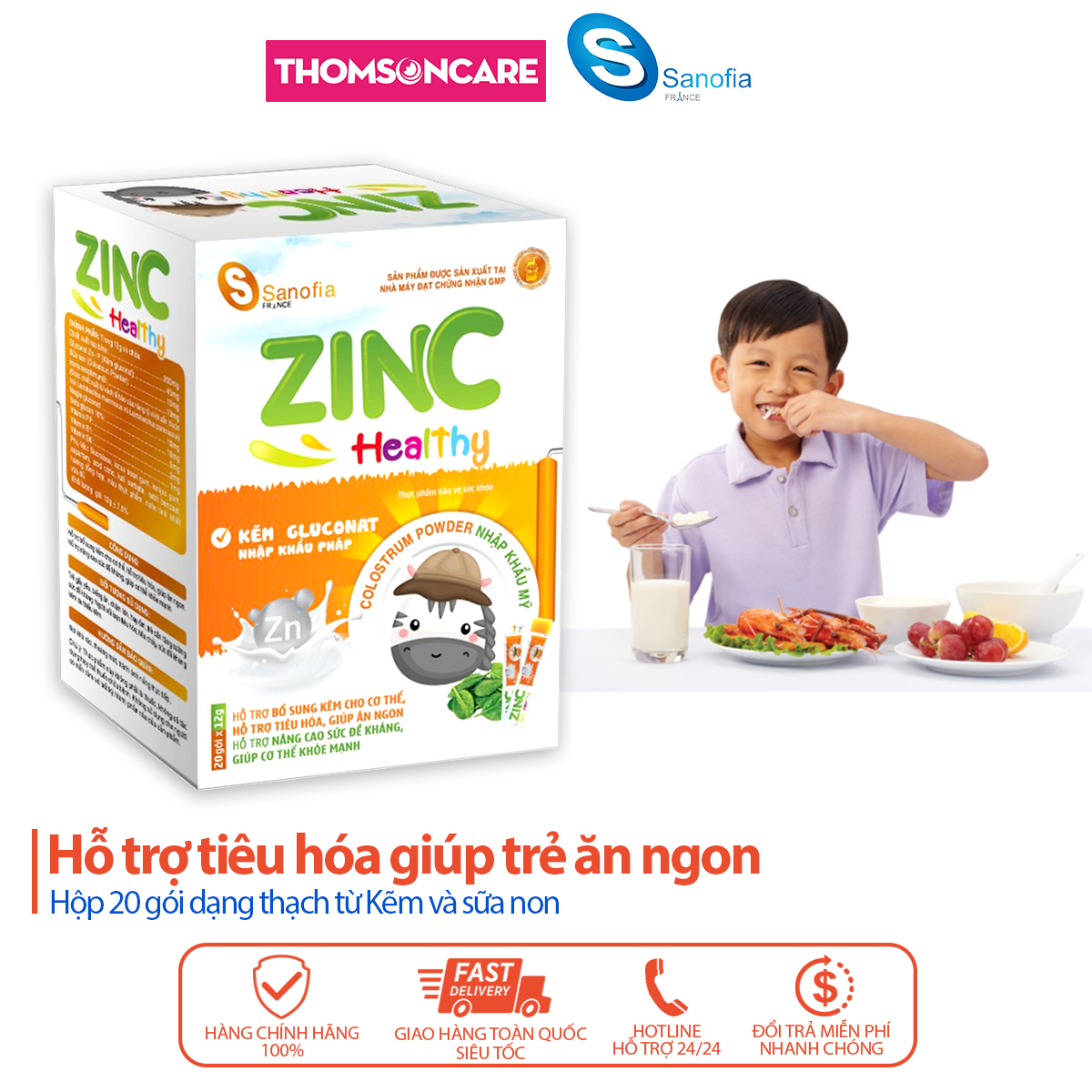 Thạch ăn ngon cho bé Zinc Healthy Sanofia - Bổ sung kẽm, tiêu hóa tốt giúp bé ăn ngủ ngon - Hộp 20 gói Thomsoncare