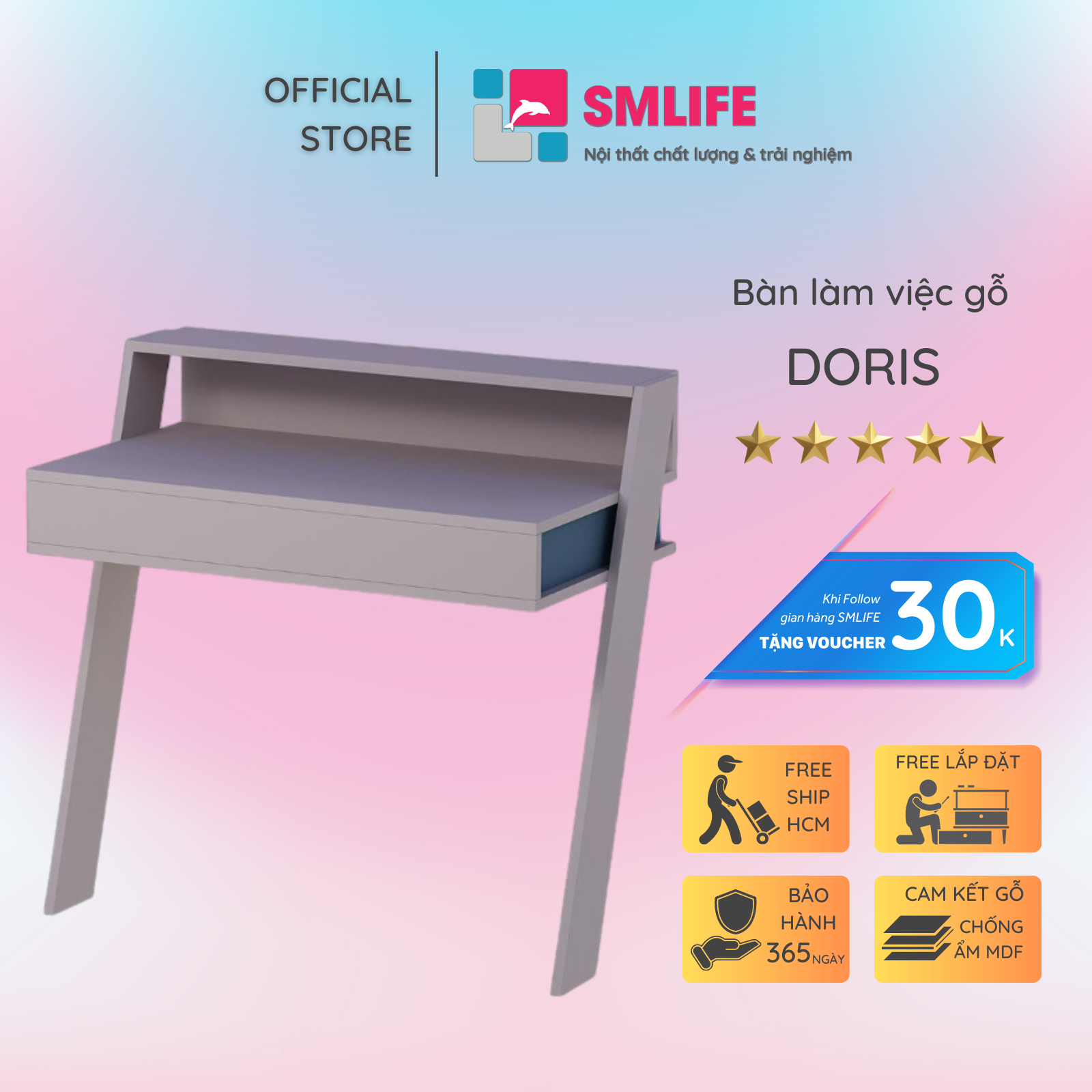 Bàn Học Bằng Gỗ Kích Thước Nhỏ Gọn SMLIFE Doris