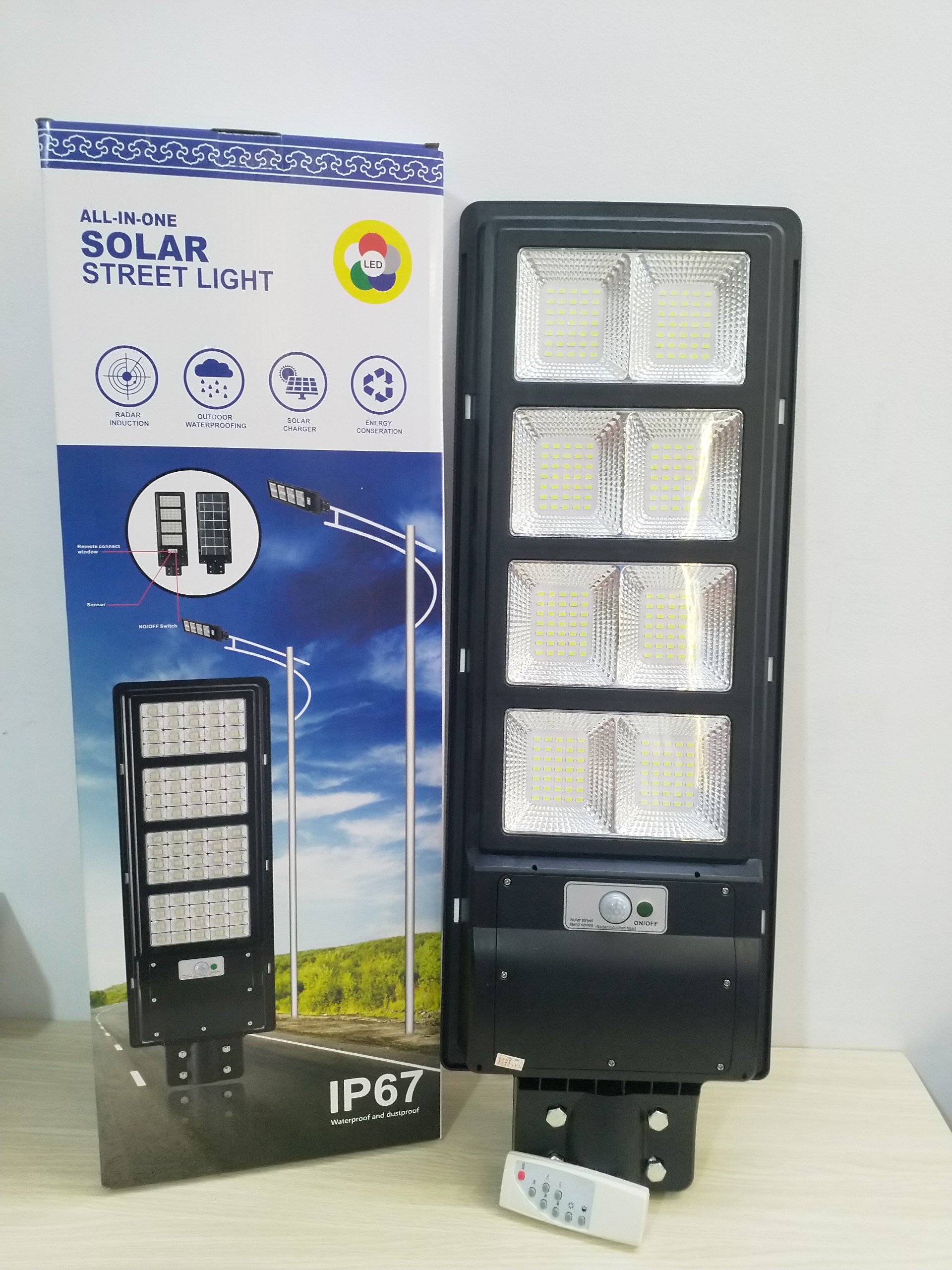 Đèn đường cảm biến năng lượng mặt trời liền thể All In One - công suất 90 - 120W ánh sáng trắng - 280 bóng led