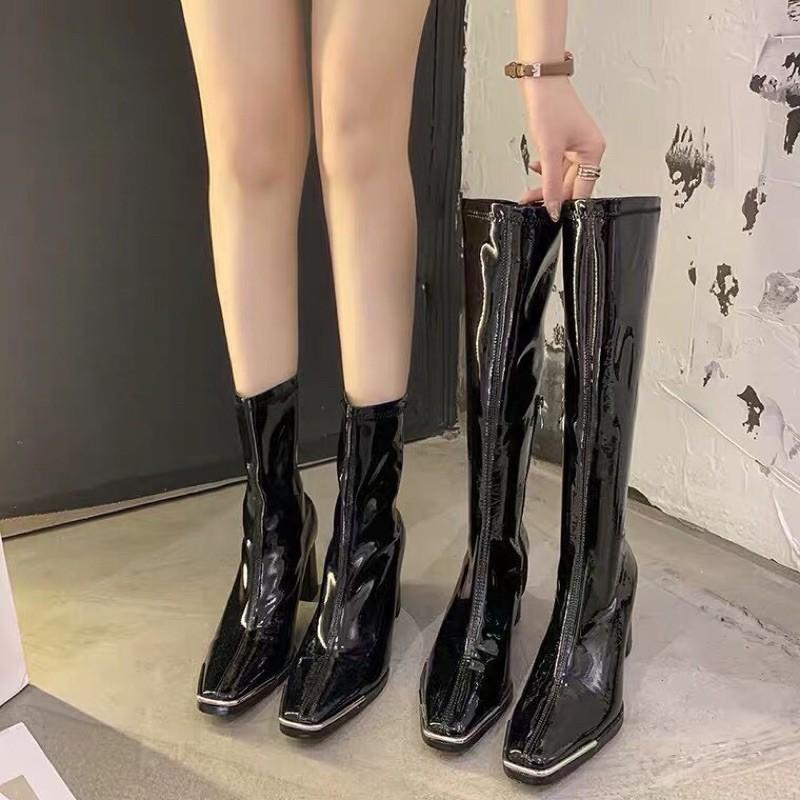 Giày boots cao gót nữ gầy nhưng đến đầu gối mùa thu mới, cao gót mũi vuông giữa ống mỏng