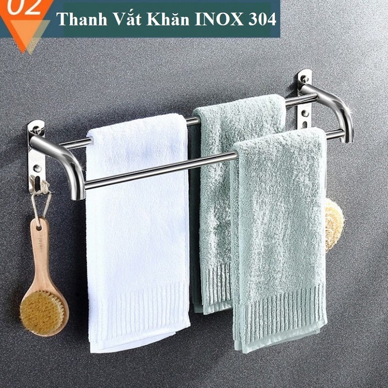 Bộ 5 Món Phụ Kiện Phòng Tắm INOX 304 cao cấp, Giá treo khăn tắm, Kệ góc, Thanh vắt khăn nhà tắm, Móc treo quần áo - Dán tường hoặc khoan