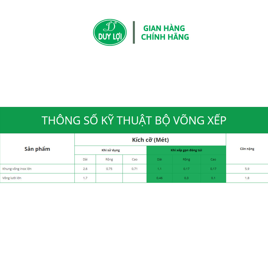 VÕNG XẾP DUY LỢI INOX - CỠ NHỎ - CHO NGƯỜI DƯỚI 1m55
