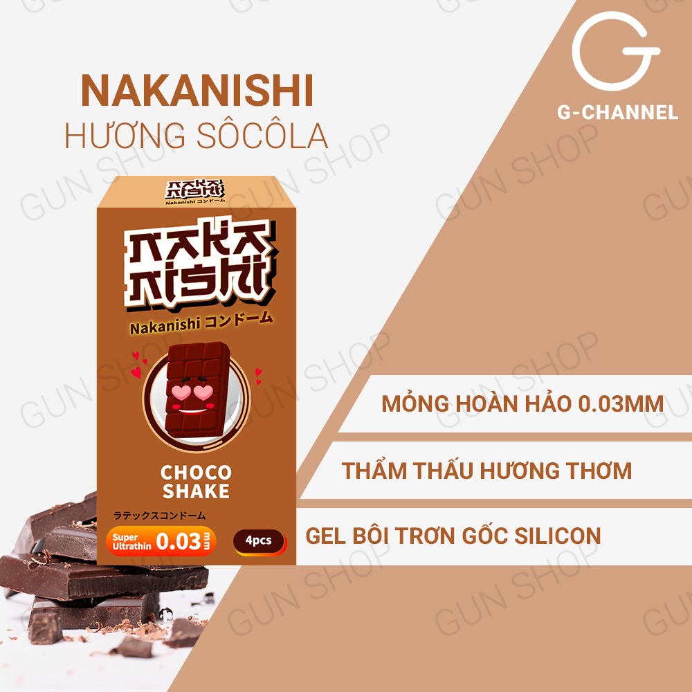 [Hộp 4 cái] Bao cao su Nakanishi - Siêu mỏng 0.03mm - Hương chocolate kèm 1 chiếc BCS Gun Super Thin