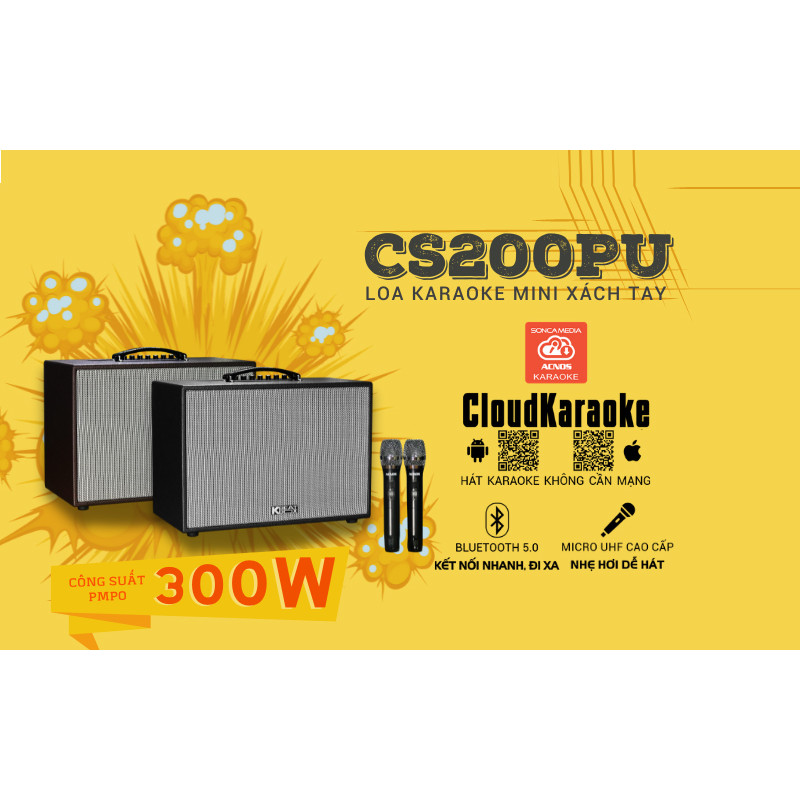 Loa kéo xách tay ACNOS KBEATBOX CS200PU - Bass 2 tấc, công suất 300W - Dàn karaoke di động tiện lợi - Hát karaoke không cần mạng - Kết nối bluetooth 5.0, USB - Thiết kế sang trọng, tiện lợi - Kèm 2 micro không dây UHF cao cấp - Hàng chính hãng