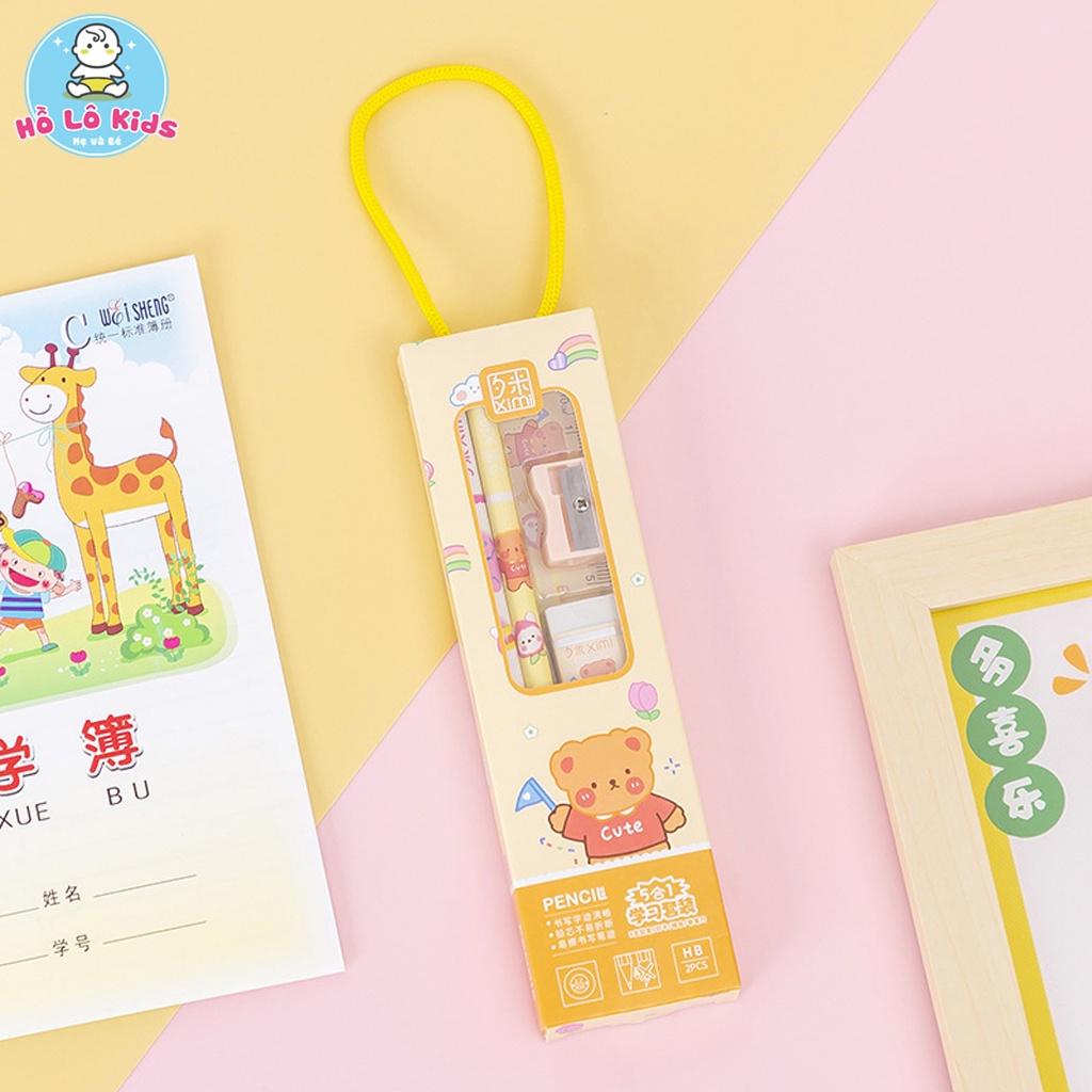 Set 4 chi tiết thước kẻ, bút chì, gọt bút, tẩy có hộp quai đeo cho bé đi học Hồ Lô Kids