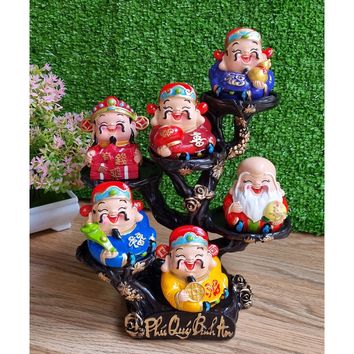 Bộ Ngũ Phúc 7cm kèm tượng Thần Tài và đế Phú Quý Bình An