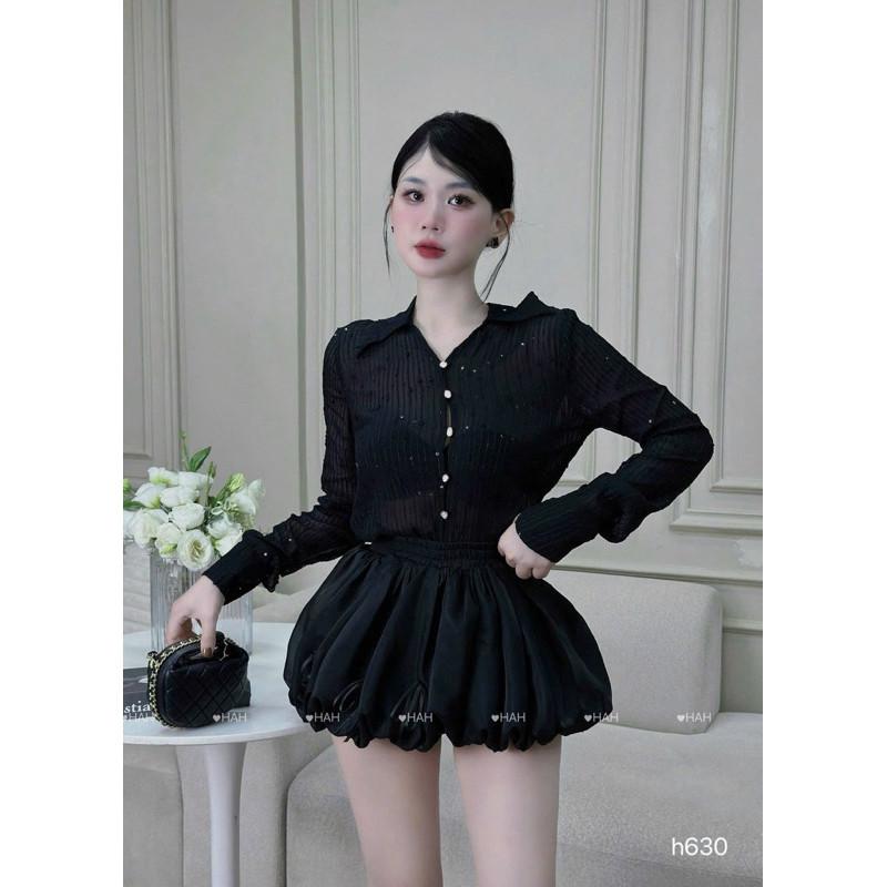 Set áo sơmi voan mỏng chân váy bồng sẵn lót quần hàng loại 1 chuẩn mẫu