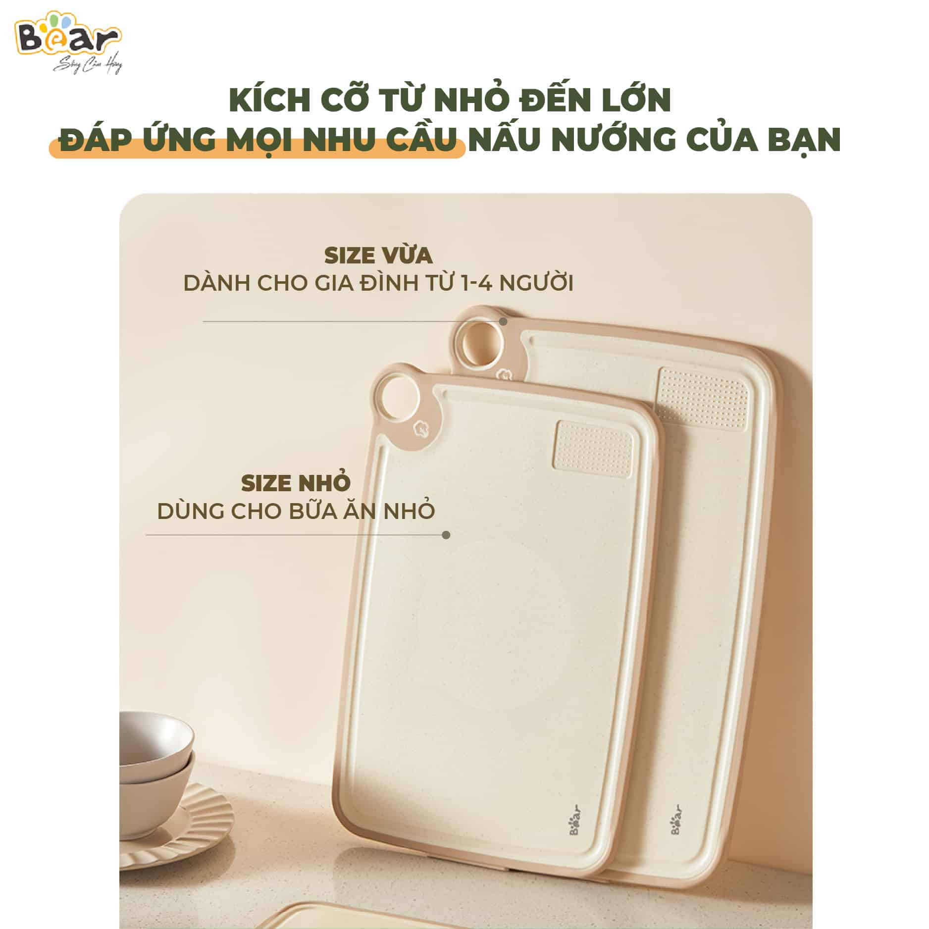 Thớt Nhựa Kháng Khuẩn Cao Cấp BEAR CX-E0023 Size M, Chống Đọng Nước, Chống Trượt, Chống Mốc, Tiêu Chuẩn Chất Lượng Toàn Cầu - Hàng Chính Hãng