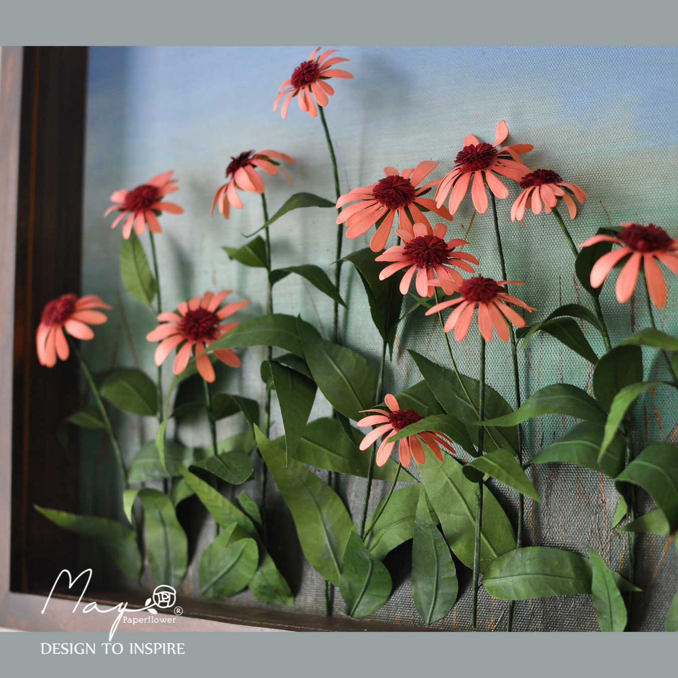 Tranh hoa giấy handmade trang trí cao cấp FLOWER FIELD Echinacea 40x40cm - Maypaperflower Hoa giấy nghệ thuật
