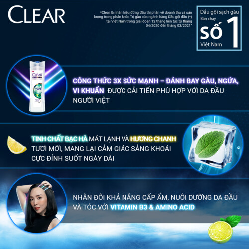 Dầu Gội Clear Sạch Gàu Dầu Gội Sạch Gàu Mát Lạnh Bạc Hà 3X Sức Mạnh Đánh Bay Gàu, Ngứa, Vi Khuẩn 880G