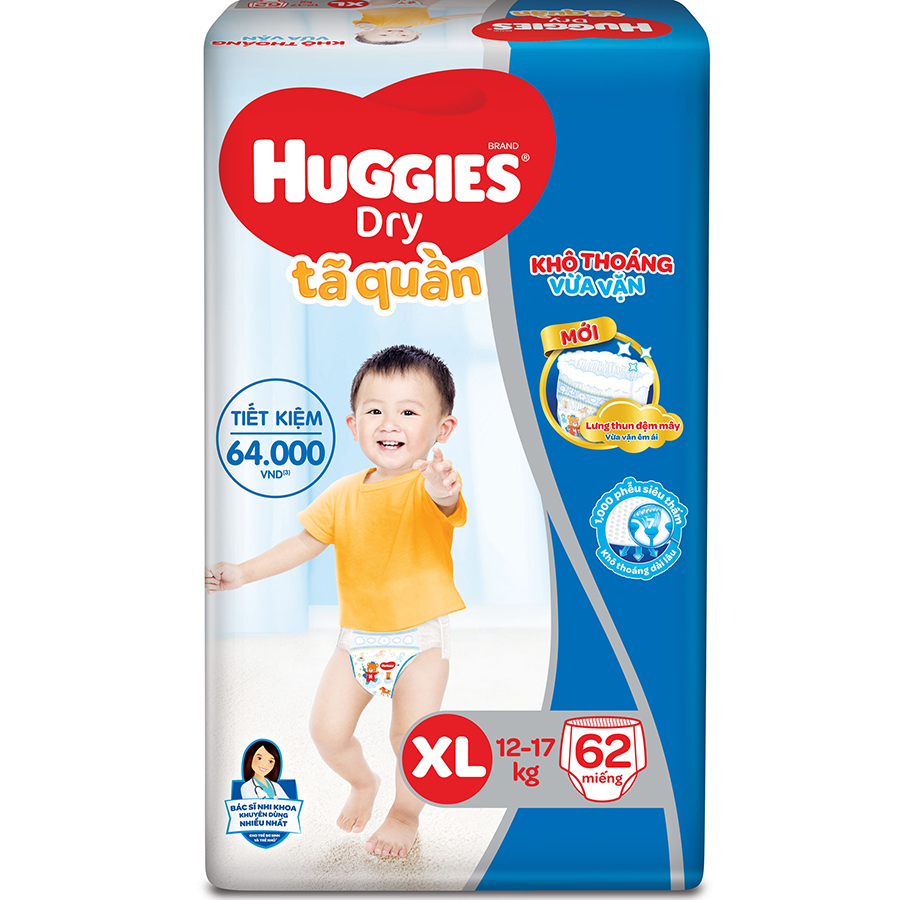 Combo 3 Gói Tã Quần Huggies Dry Gói Cực Đại XL62 (62 Miếng) - Bao Bì Mới