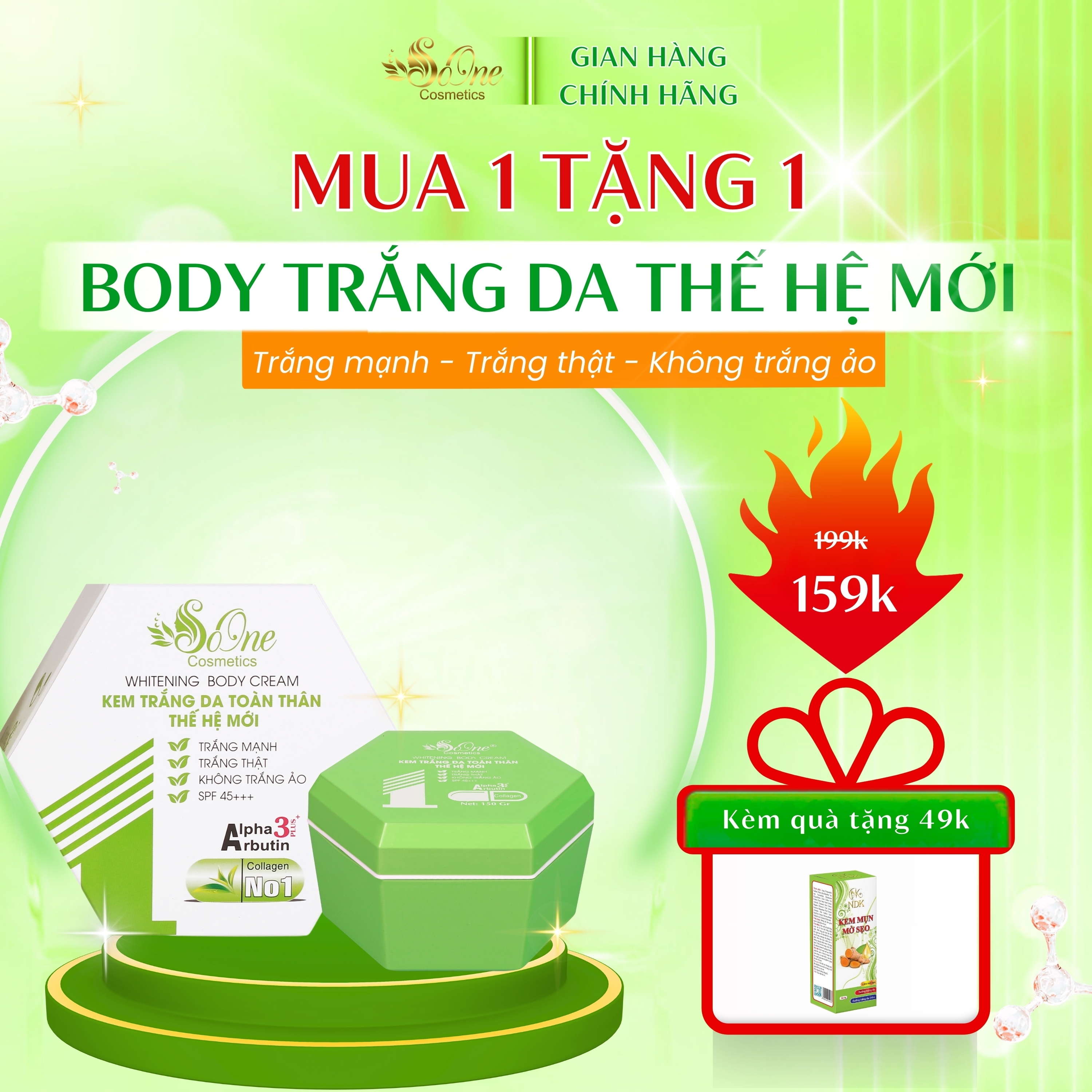 Kem Body SoOne Dưỡng Trắng Da Toàn Thân Thế Hệ Mới Hộp Màu Xanh Lá 150ml