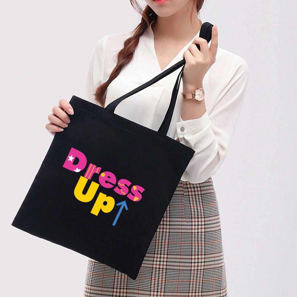 Túi Tote Vải Canvas Ginko kiểu basic có dây kéo khóa miệng túi đựng vừa laptop 14 inch và nhiều đồ dùng khác Phong Cách ulzzang Hàn Quốc In Hình Dress Up B37