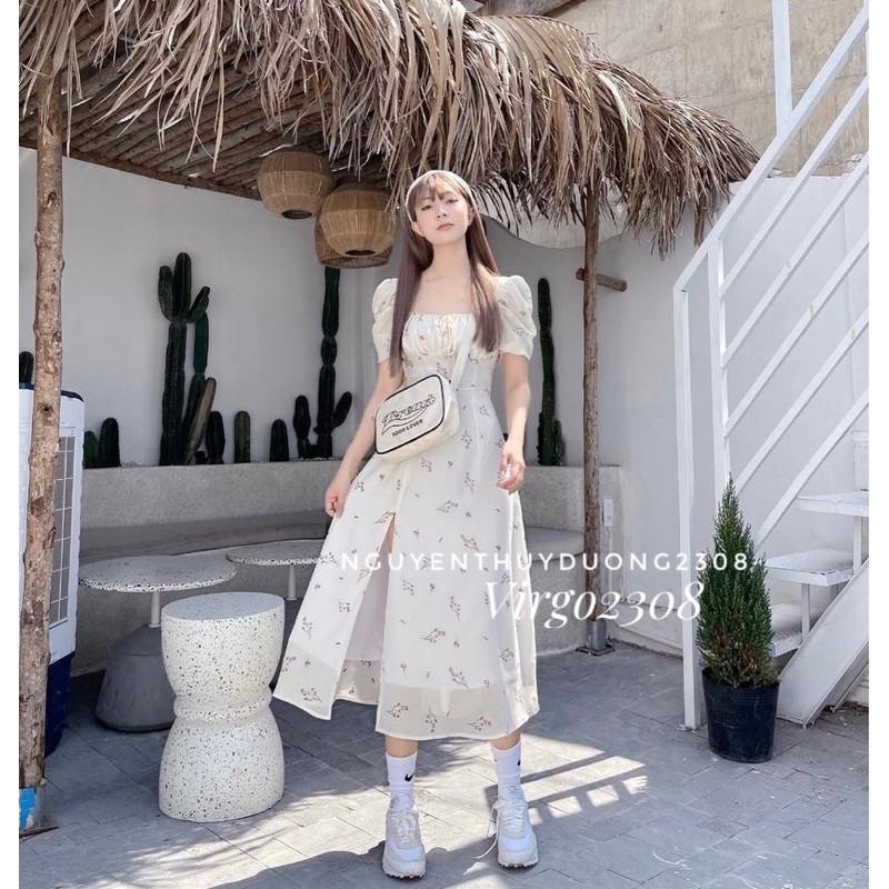 Váy hoa nhúm ngực xẻ tà tay bồng/Đầm hoa Wedding dress