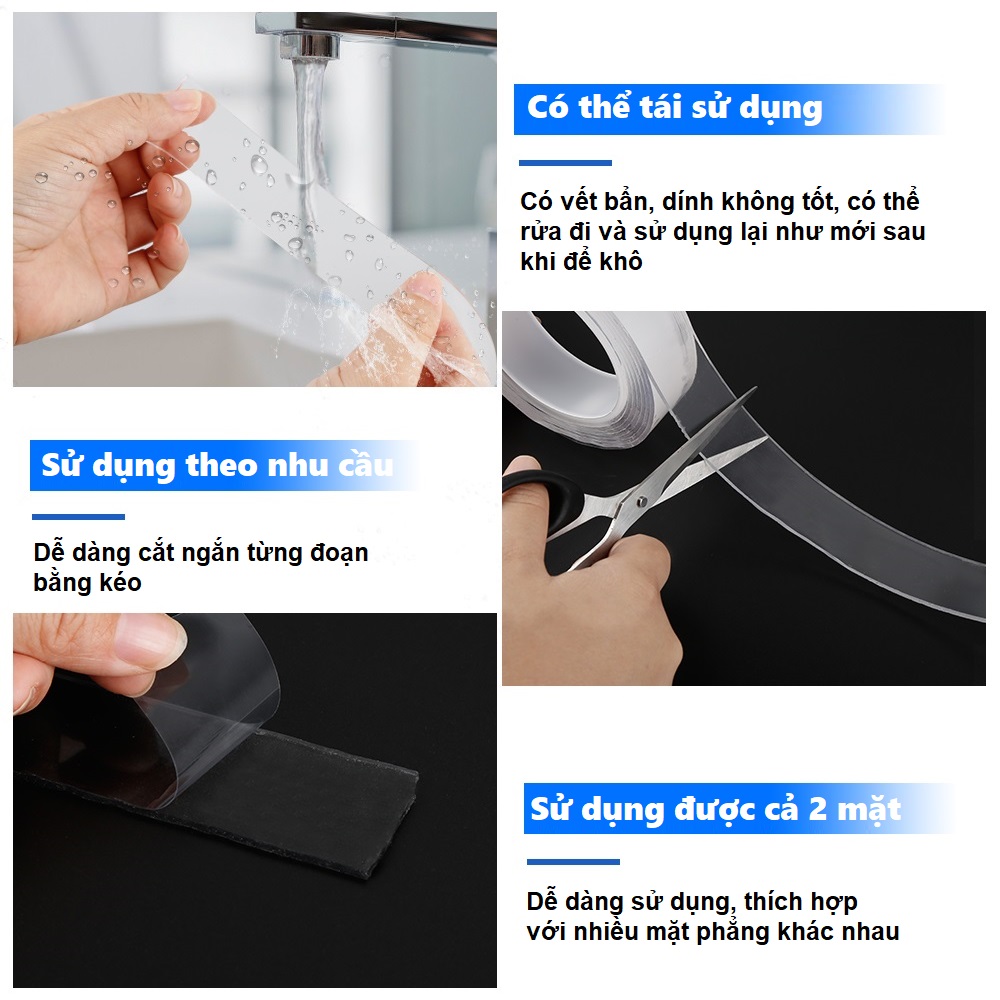 Băng keo tái sử dụng đa năng 2 mặt siêu dính các dụng cụ trong nhà
