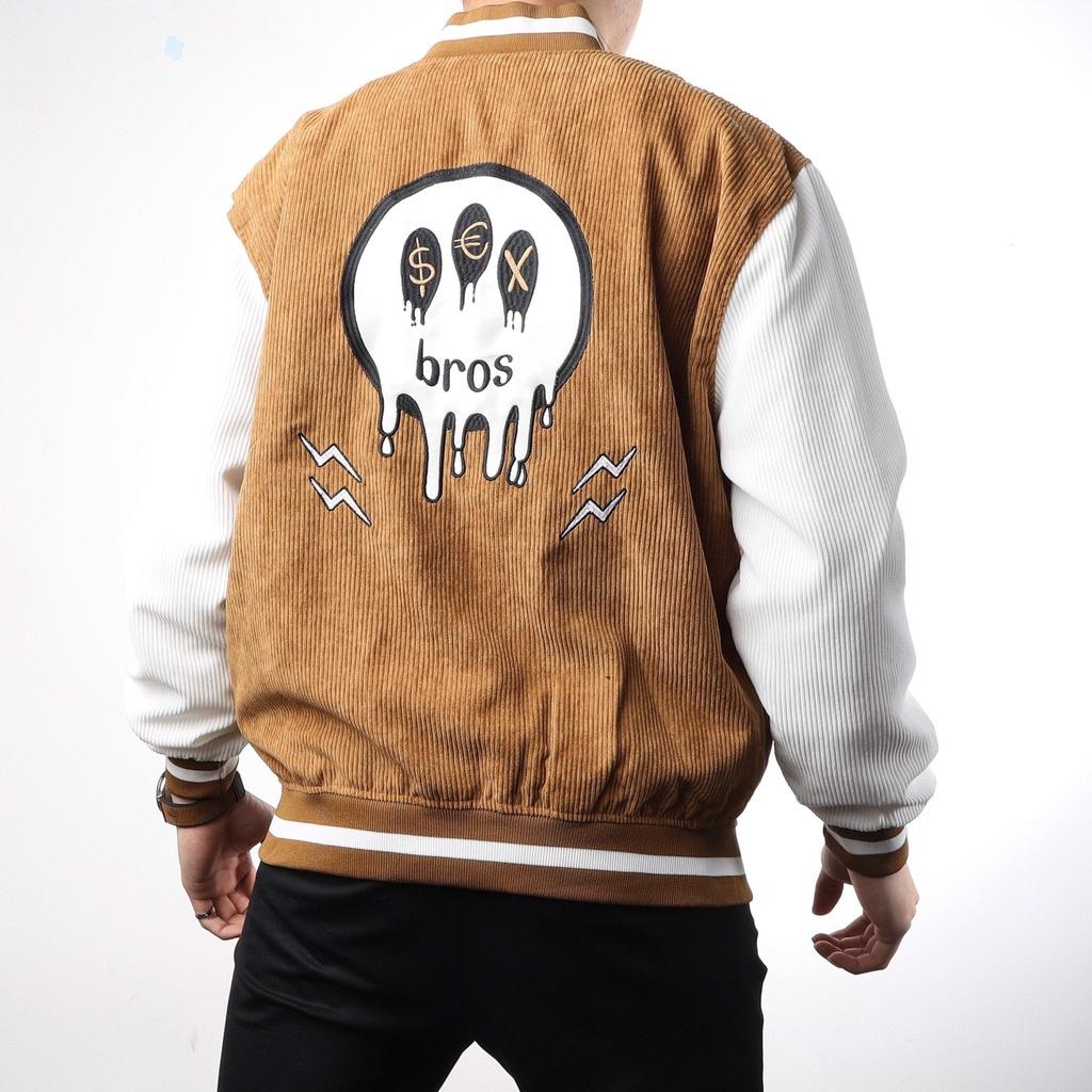 Áo Bomber Nhung Gân Thêu BROS Chất Nhung Mịn Đẹp Form rộng Unisex Nam Nữ Couple jacket Varsity Graffiti