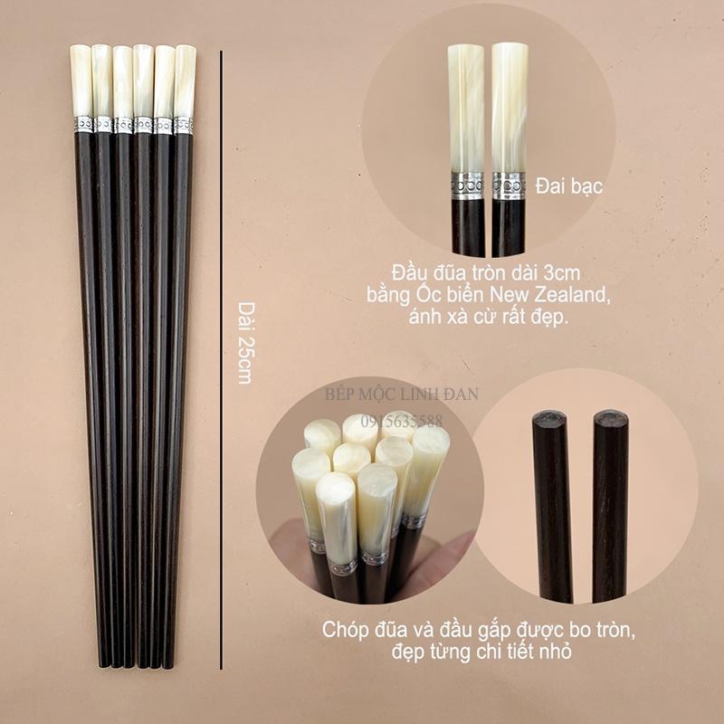 Đũa Cao Cấp Gỗ Trắc Đầu Ốc Biển Đai Bạc HAHANCO Bộ 10 Đôi Tròn