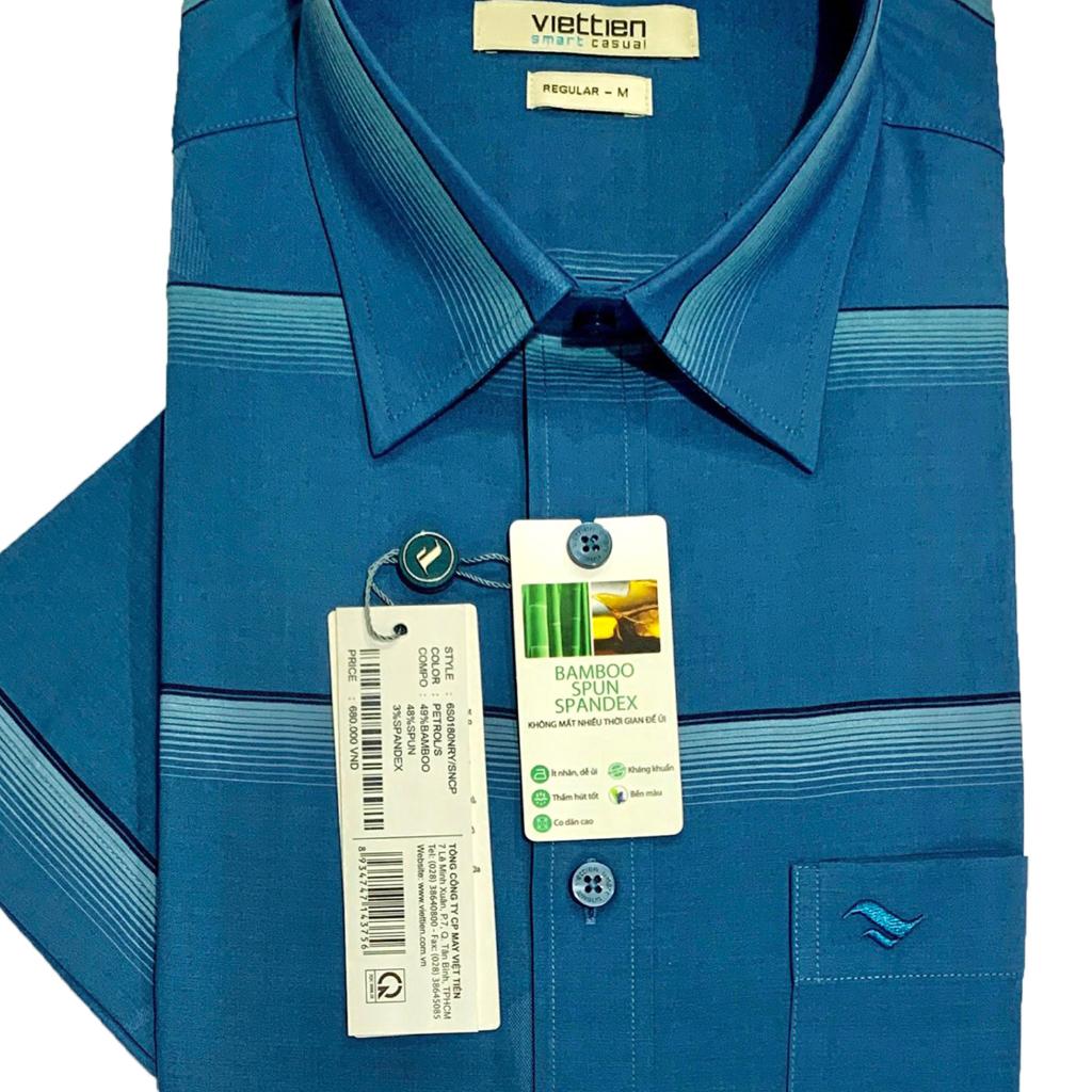 Viettien - Áo sơ mi nam ngắn tay xẻ tà vạt ngang Bamboo spun Regular Sọc ngang Xanh petrol 6S0180 - Petrol, Petrol
