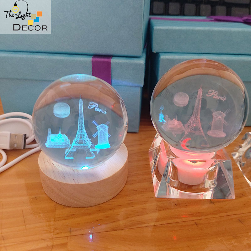 Bộ Quà Tặng Quả Cầu Pha Lê 3D larser LED PARIS 6cm