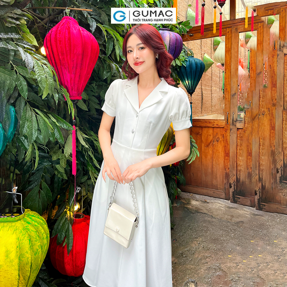 Đầm A xòe tay phồng GUMAC DD08048
