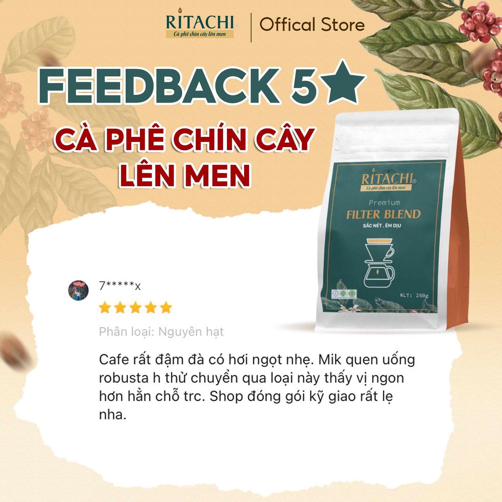 Cà Phê Nguyên Chất Lên Men Tự Nhiên Ritachi, Cà Phê Phin Blend vị Đậm Đà, 100% Rang Mộc, Pha Máy, Pha Phin 500gr