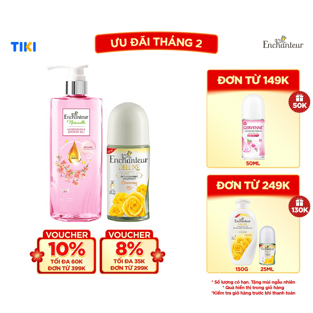 Combo Sữa tắm Enchanteur Naturelle hương hoa Iris 510g + Lăn Khử Mùi Hương Nước Hoa Charming 50ml