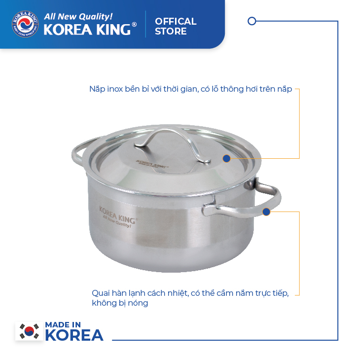 KP-20S5PLY Nồi inox 5 lớp đáy liền Korea King (Nồi, nắp đều bằng inox, đường kính 20cm, dung tích 3L)-Hàng chính hãng