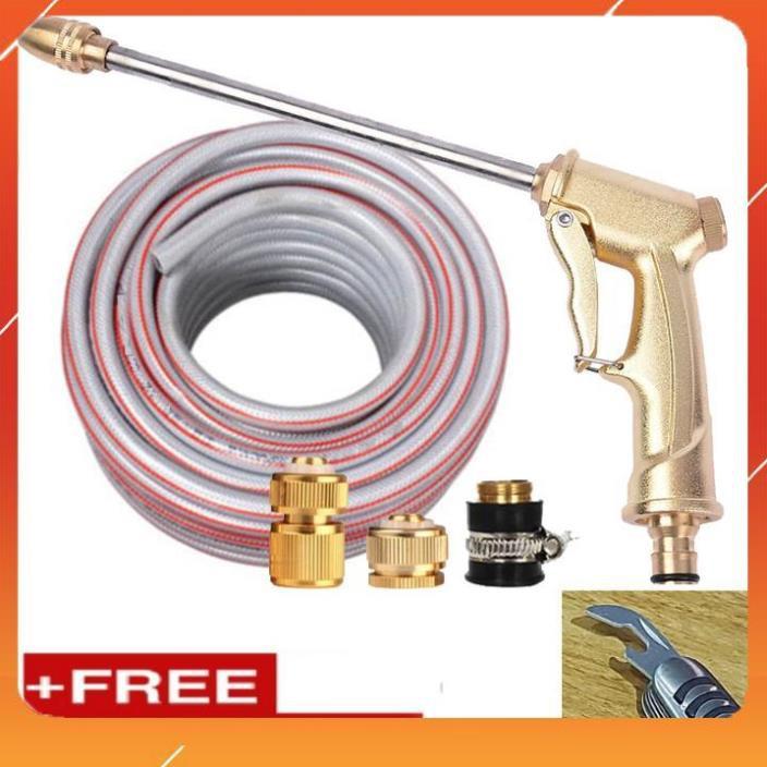 Bộ dây vòi xịt bơm nước tưới rửa , tăng áp 3 lần, loại 7m, 10m 206701-3 đầu đồng, cút đồng, + mở chai