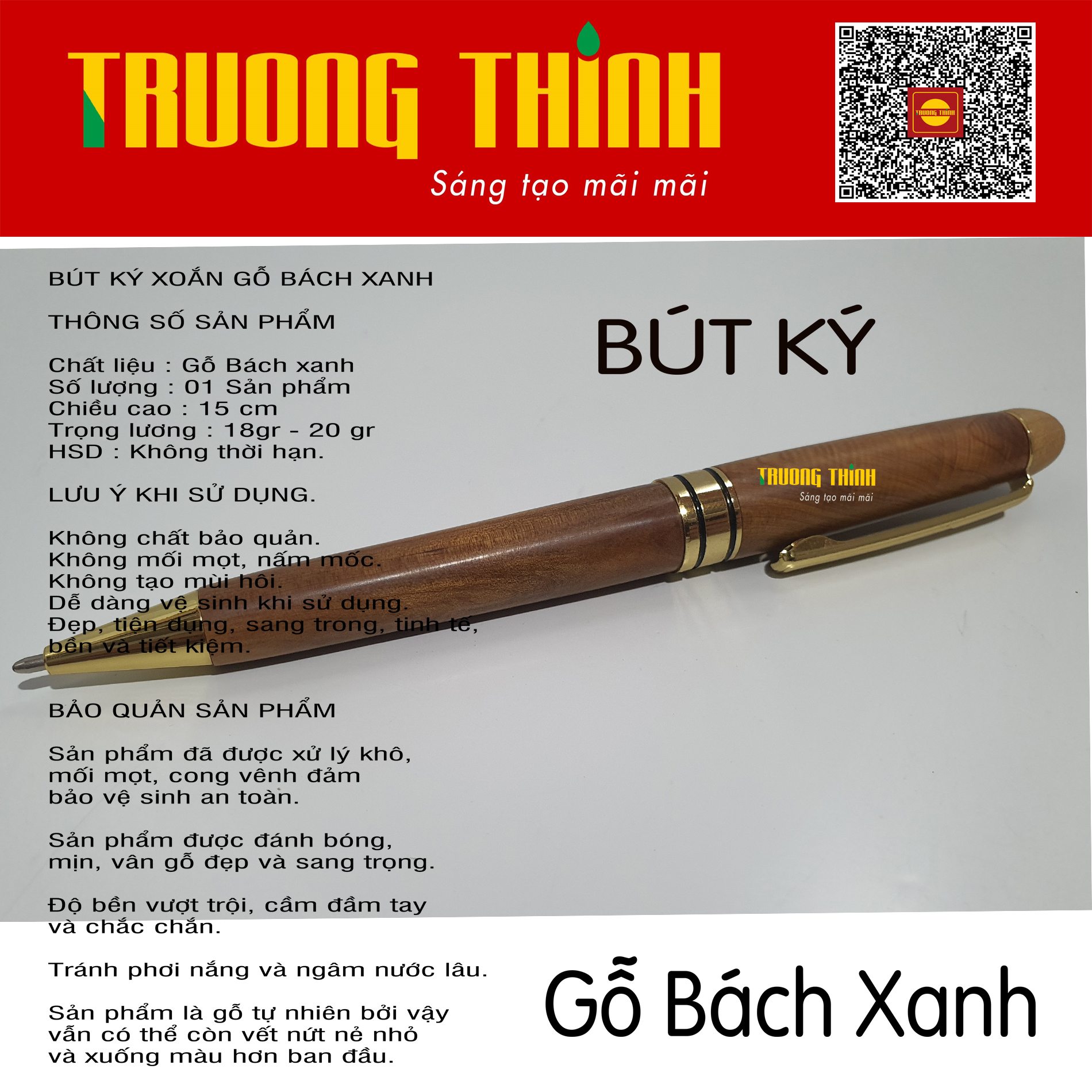 Bút Ký Gỗ Bách Xanh Cao Cấp Trường Thịnh Chính Hãng Đẳng Cấp Doanh Nhân Gắn Đồng Nguyên Khối. Loại Rút 14.5 cm