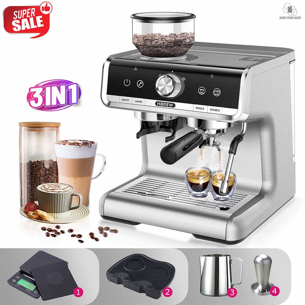 Máy pha cà phê HiBREW CM5020 pha cafe máy espresso 3 in 1, tích hợp xay 30 cấp độ, chuẩn tay cầm 58mm chuyên nghiệp, định lượng tùy ý mức pha, đánh sữa tạo bọt mạnh mẽ, tặng kèm dụng full bộ dụng cụ pha chế, hàng chính hãng