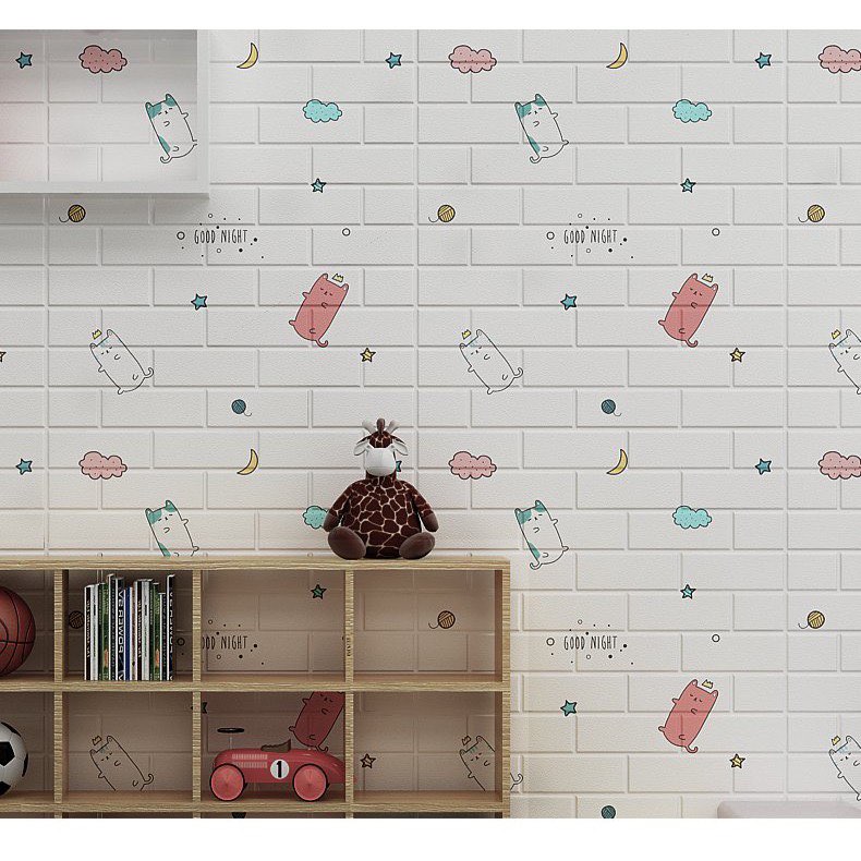 Bộ 10 Tấm Xốp Dán Tường Hoạt Hình Mèo Ú Dễ Thương, Kích Thước 70cm x 77cm