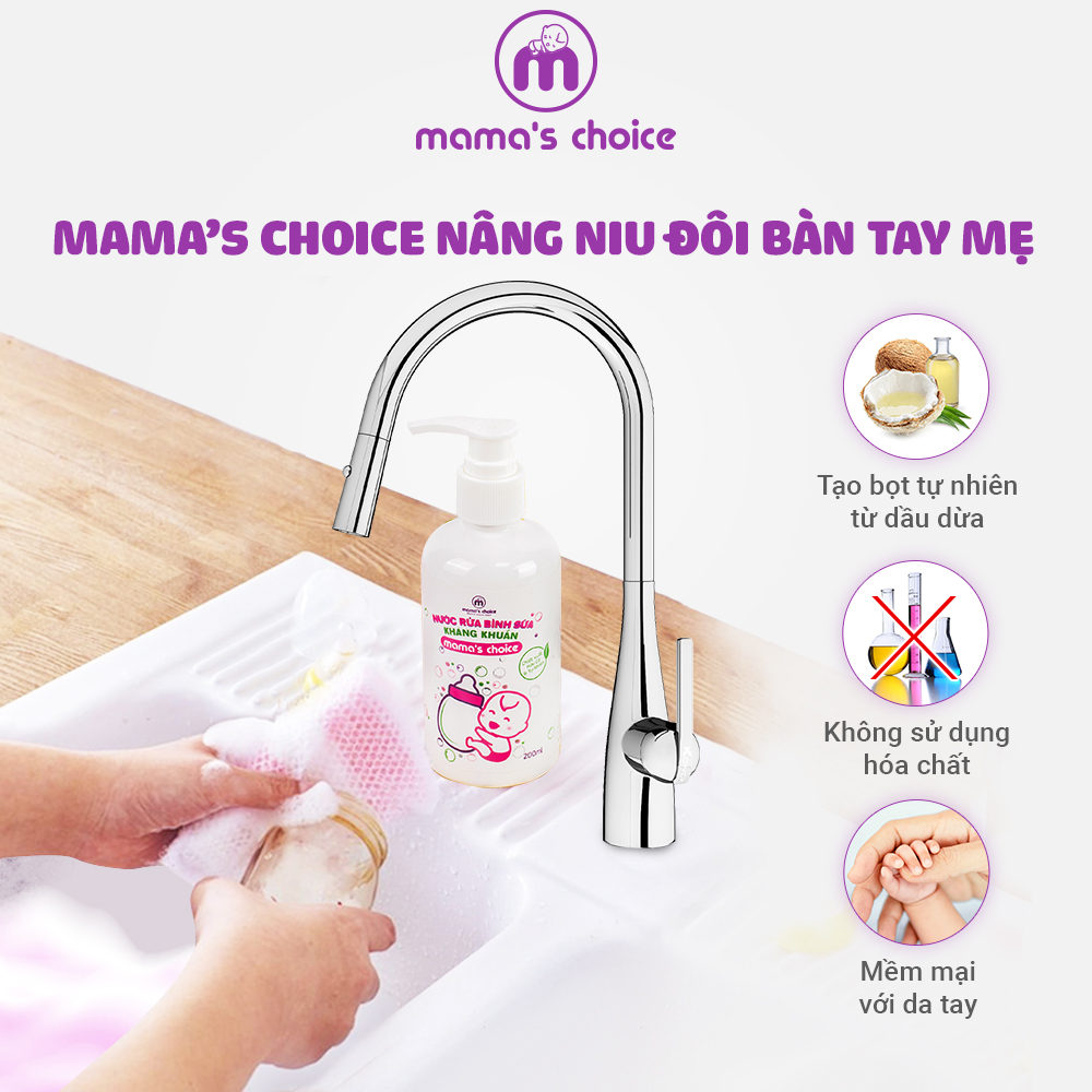 Nước Rửa Bình Sữa Mama's Choice (200ml), Chiết Xuất Hữu Cơ An Toàn Tuyệt Đối Cho Trẻ Sơ Sinh, Mềm Mại Với Da Tay