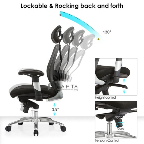 Ghế công thái học ergonomic lưng lưới bảo vệ cột sống Ghế văn phòng ngả lưng ngủ trưa cao cấp CM4524-M