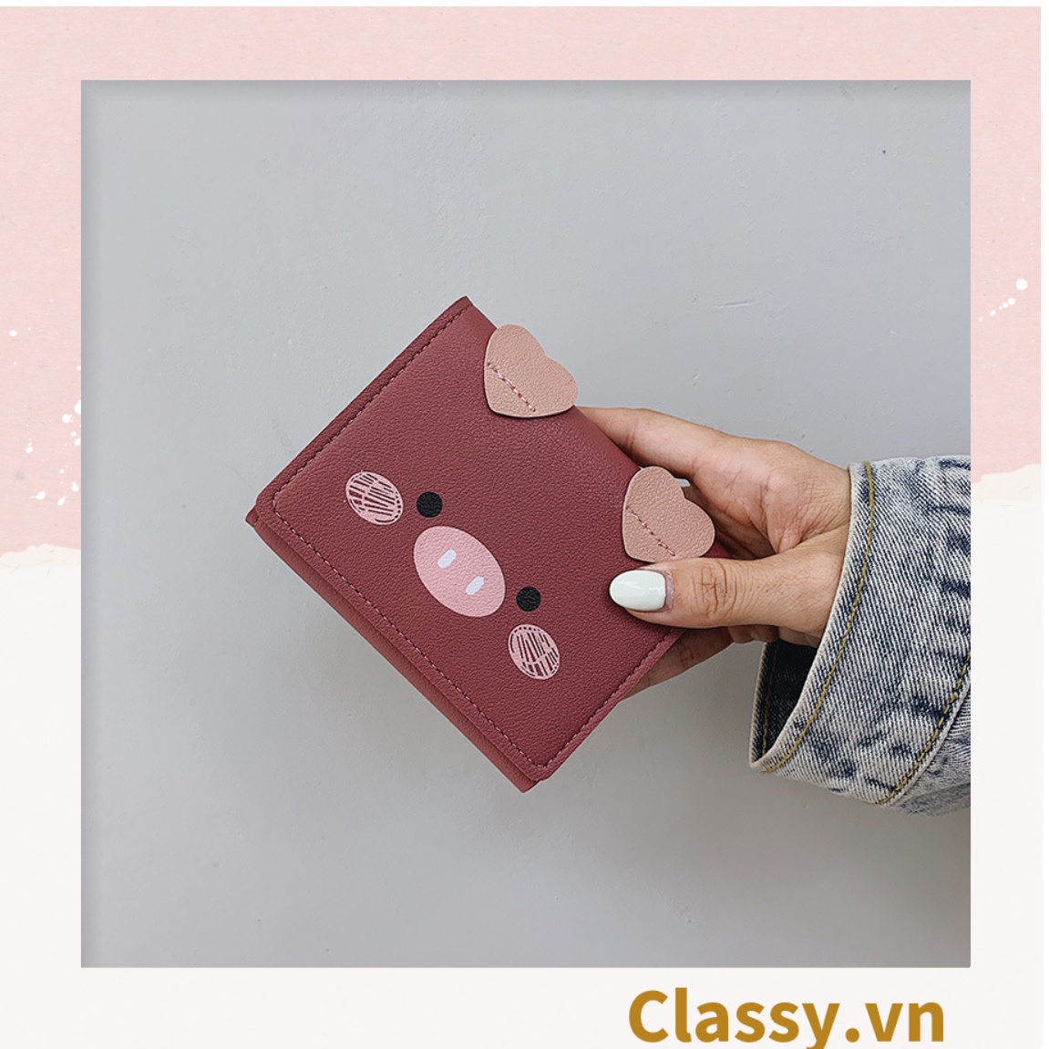 Ví bóp nữ Classy mini ngắn gấp 3 nhỏ gọn có thể bỏ túi, hình chú heo T699