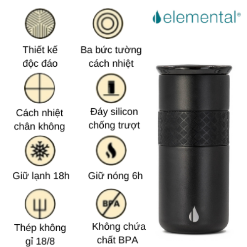 LY GIỮ NHIỆT ELEMENTAL MÀU ĐEN , ĐẠT CHUẨN FDA HOA KỲ, THÉP 304 KHÔNG GỈ, GIỮ NÓNG LẠNH