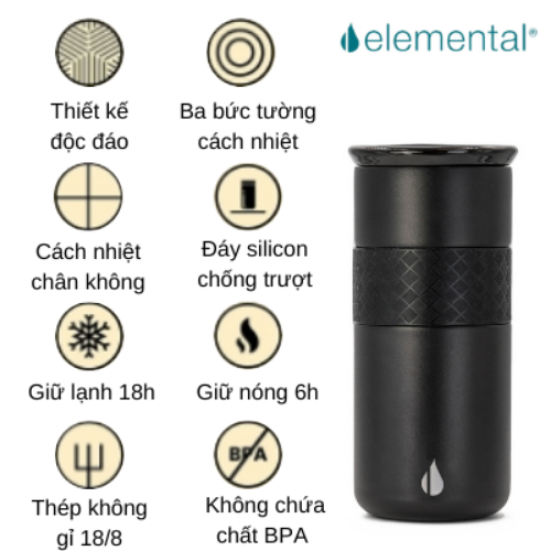 LY GIỮ NHIỆT ELEMENTAL MÀU ĐEN (480ML), ĐẠT CHUẨN FDA HOA KỲ, THÉP 304 KHÔNG GỈ, GIỮ NÓNG LẠNH