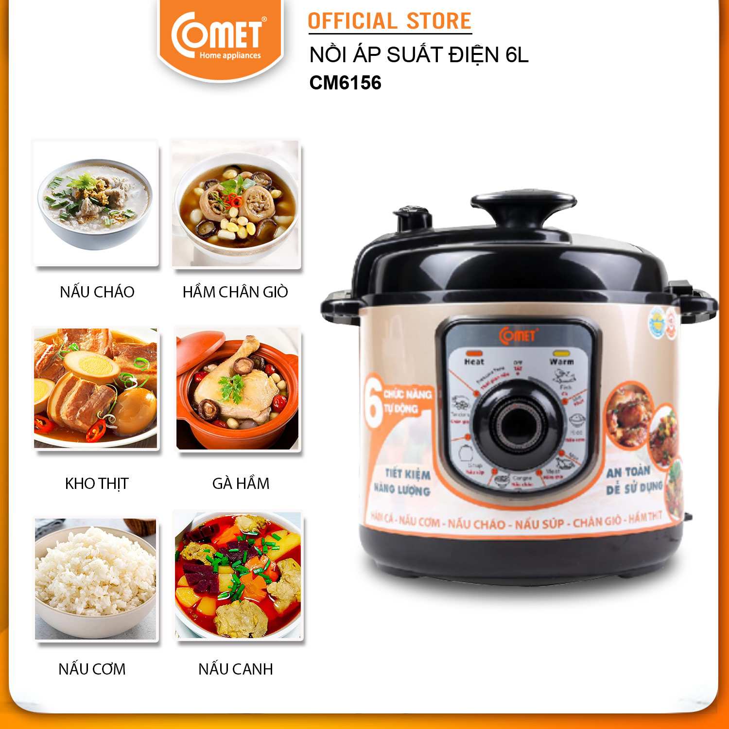 Nồi Áp Suất Điện Nắp Rời Comet CM6156C (6.0 Lít) - Màu ngẫu nhiên - Hàng Chính Hãng