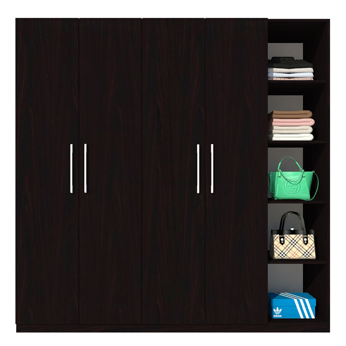 Tủ quần áo gỗ MDF Tundo 4 cánh 5 ngăn màu nâu đậm 220 x 55 x 220cm