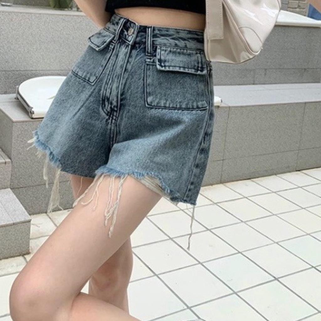Quần jean rách BIGSIZE nữ lưng cao dáng chữ A không co giãn, Quần short bò nữ ống rộng 58-93kg J3