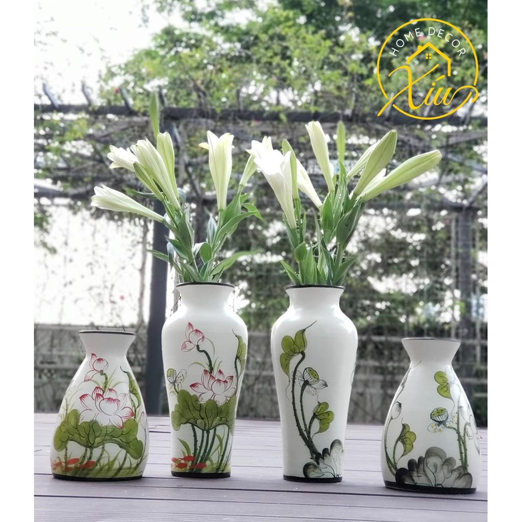 Bình hoa sứ Bát Tràng hoạ tiết sen vẽ tay - Dùng cắm hoa sen, hoa ly, hoa loa kèn, hướng dương