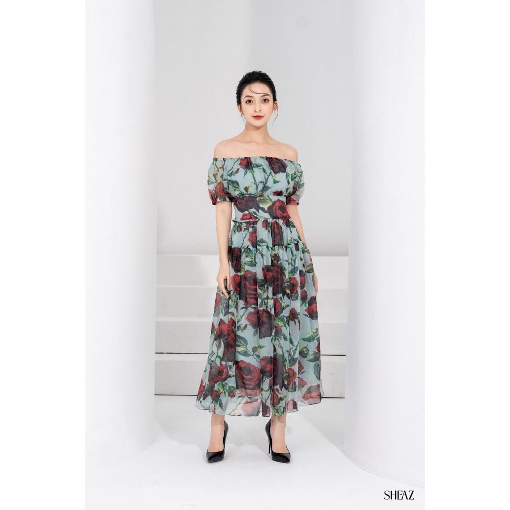 SHEAZ Set đầm xanh voan cao cấp, in hoa hồng, phong cách Hàn Quốc, đầm trễ vai, áo trễ vai, đầm dài