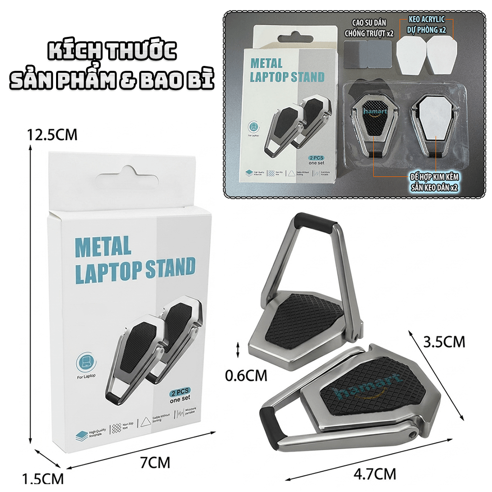 Bộ Đế Kê Laptop Tản Nhiệt Mini Kim Loại Kẽm Cao Cấp Gấp Gọn Giá Đỡ Macbook 2 Chân Keo Dán Siêu Dính - Hàng nhập khẩu