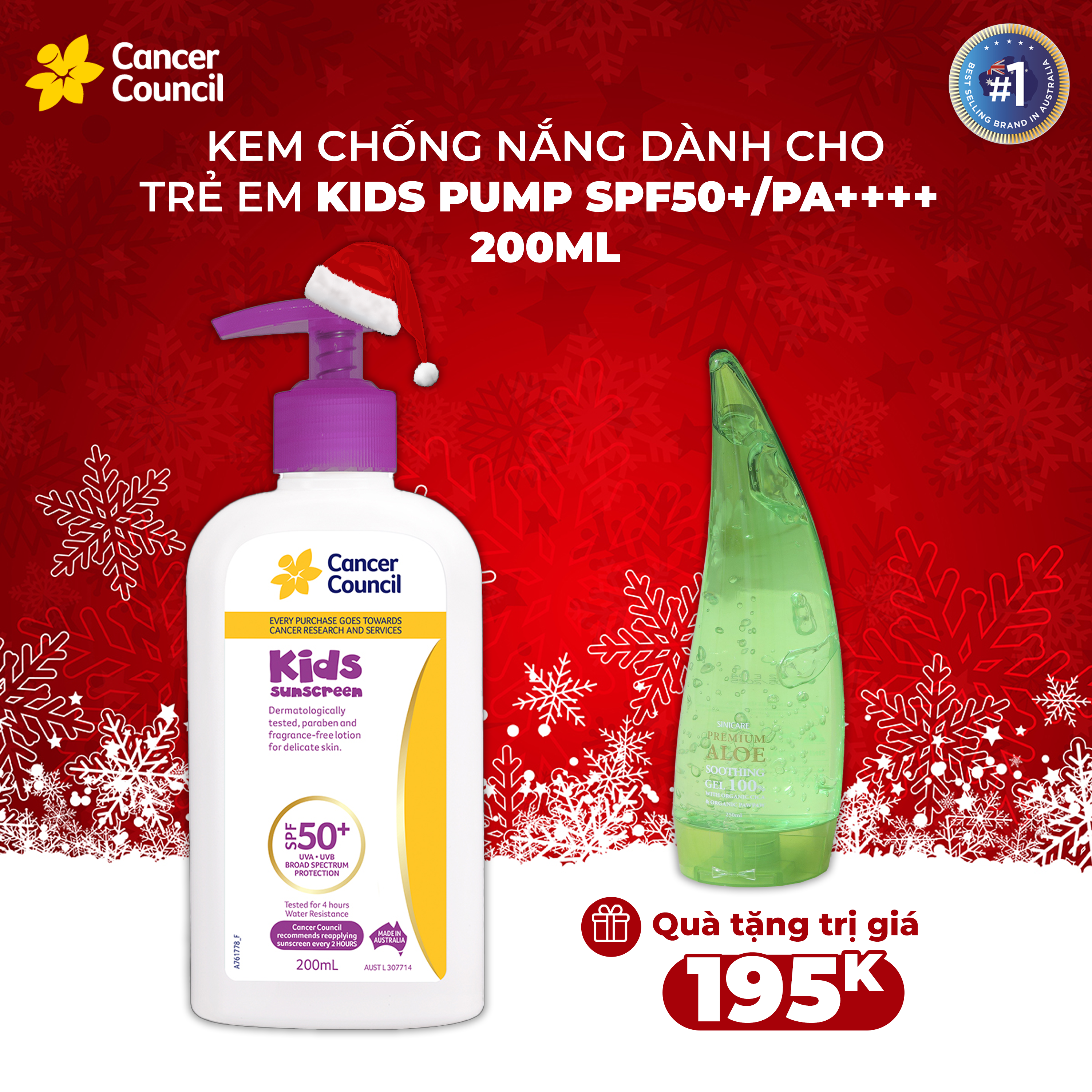 Kem chống nắng trẻ em Cancer Council Kids SPF50+/PA++++ 200ml